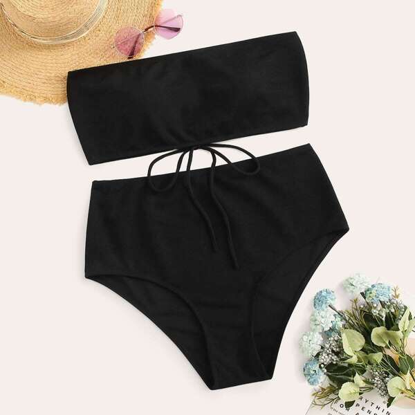 

Plus Ribbed Lace-up Bandeau With High Waist Bikini, Black