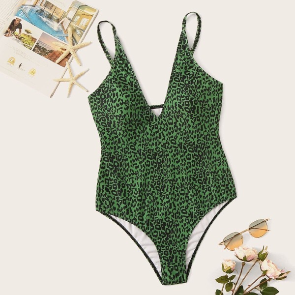 

Plus Leopard Plunging One Piece Swimwear, Multicolor