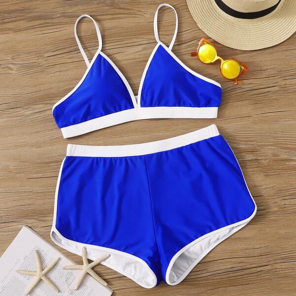 

Plus Contrast Trim Cami Top With Shorts Bikini, Blue bright