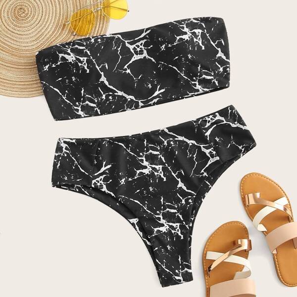 

Plus Marble Print Bandeau With High Waist Bikini, Black