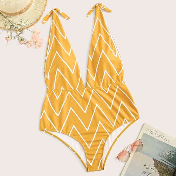 

Plus Chevron Print Tie Shoulder One Piece Swimwear, Yellow bright
