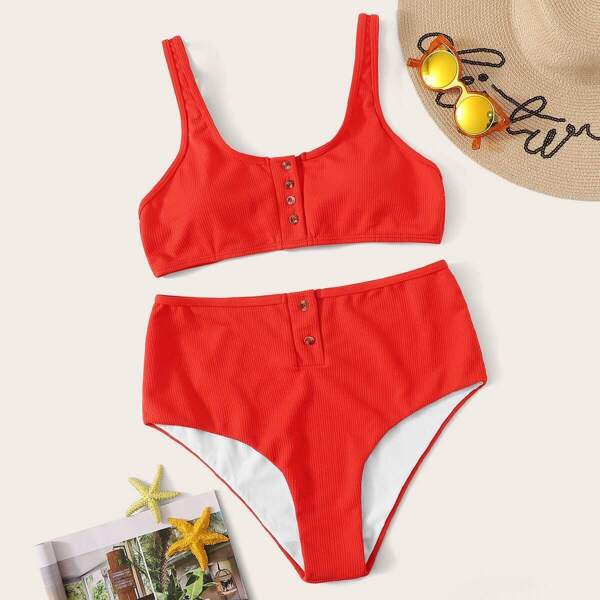 

Plus Button Front Top With High Waist Bikini