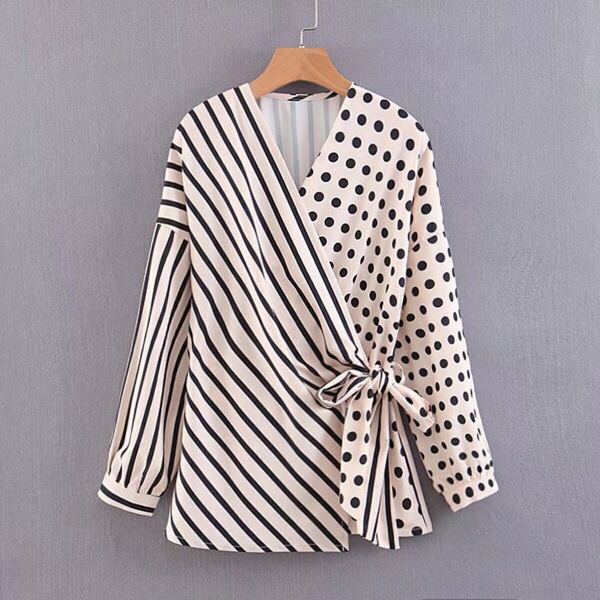 

Polka Dot Wrap Tie Side Blouse, Black and white