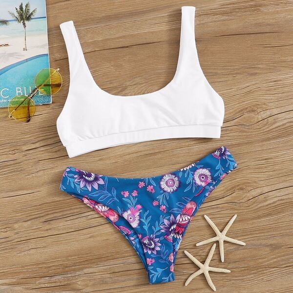 

Scoop Neck Top With Floral Hipster Bikini Set, Multicolor