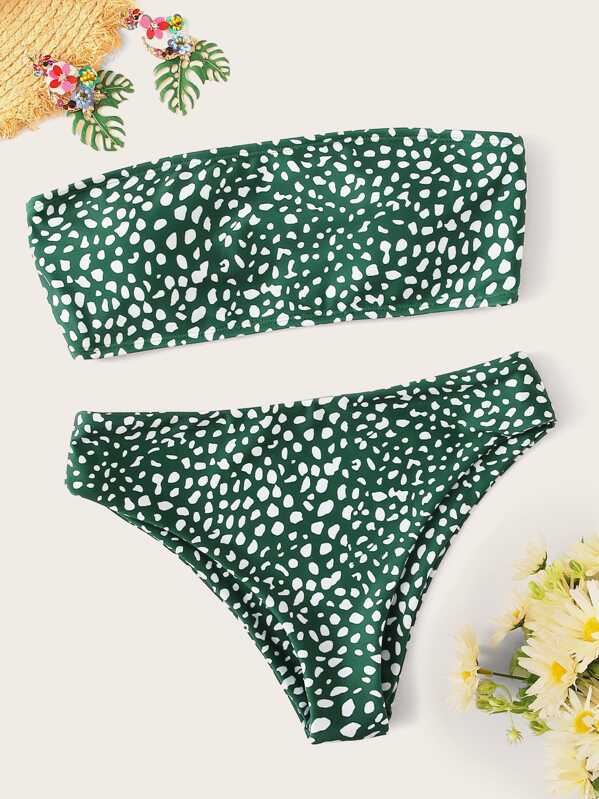 

Dalmatian Print Bandeau With Panty Bikini Set, Green