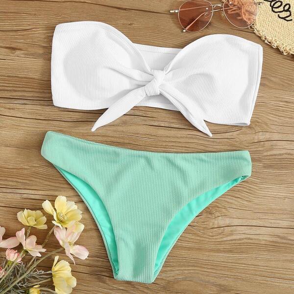 

Ribbed Tie Front Bandeau Bikini Set, Multicolor