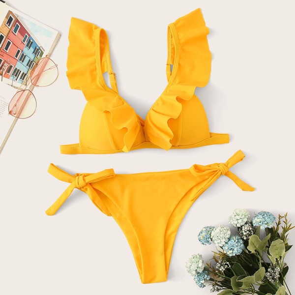 

Ruffle Plunge Top With Tie Side Bikini Set, Yellow