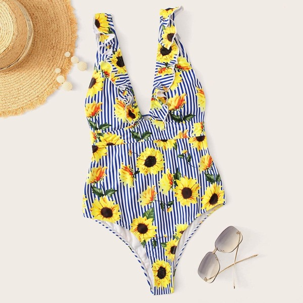 

Floral & Striped Print Ruffle One Piece Swimsuit