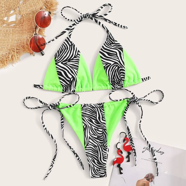 

Neon Green Contrast Zebra Print Self Tie Bikini, Multicolor bright