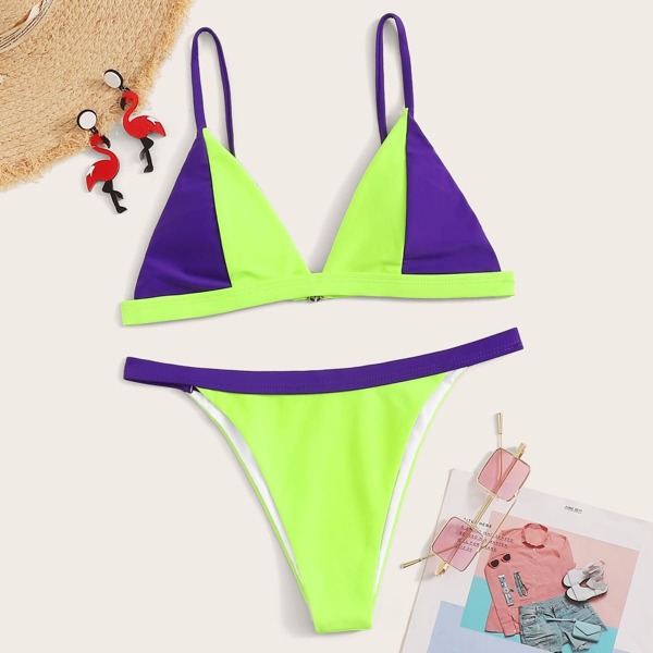 

Neon Lime Two Tone Triangle Top With Tanga Bikini