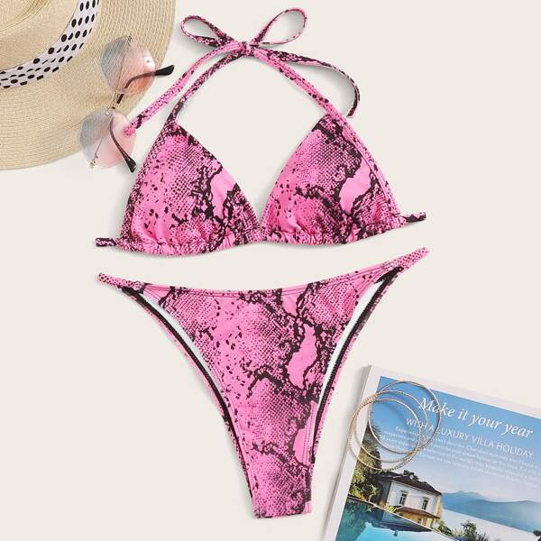 

Snakeskin Print Halter Top With Tanga Bikini Set