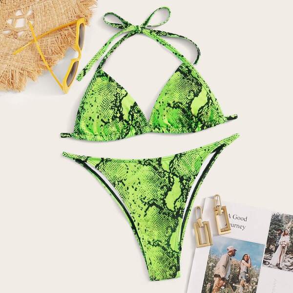 

Snakeskin Print Halter Top With Tanga Bikini Set
