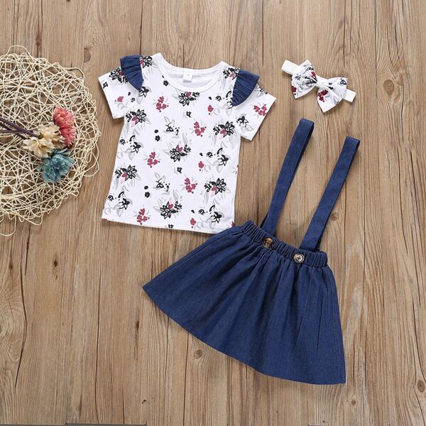 

Toddler Girls Floral Print Tee & Denim Skirt & Headband