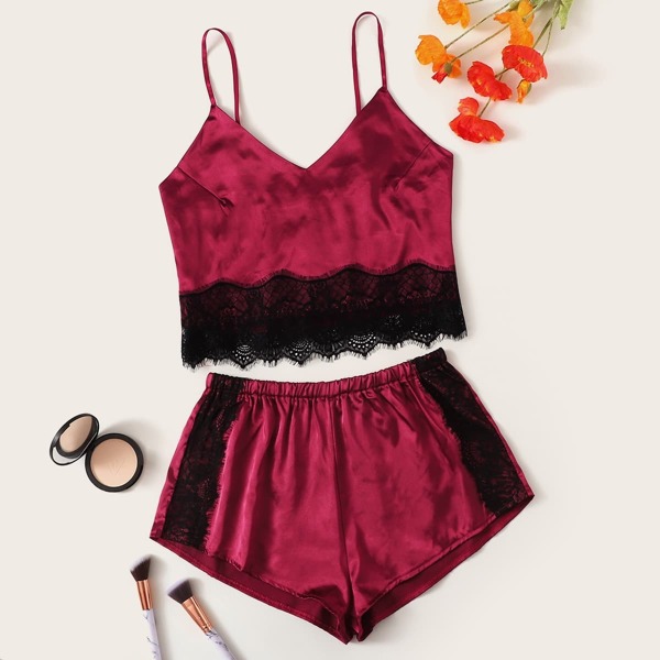 

Eyelash Lace Satin Cami Pajama Set