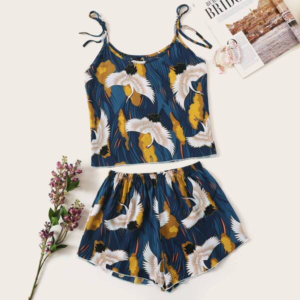 

Crane Print Cami Pajama Set, Multicolor