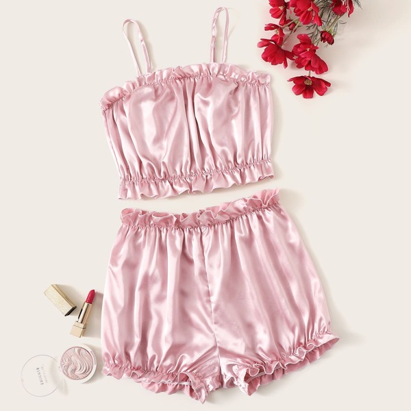 

Frill Trim Satin Cami Pajama Set