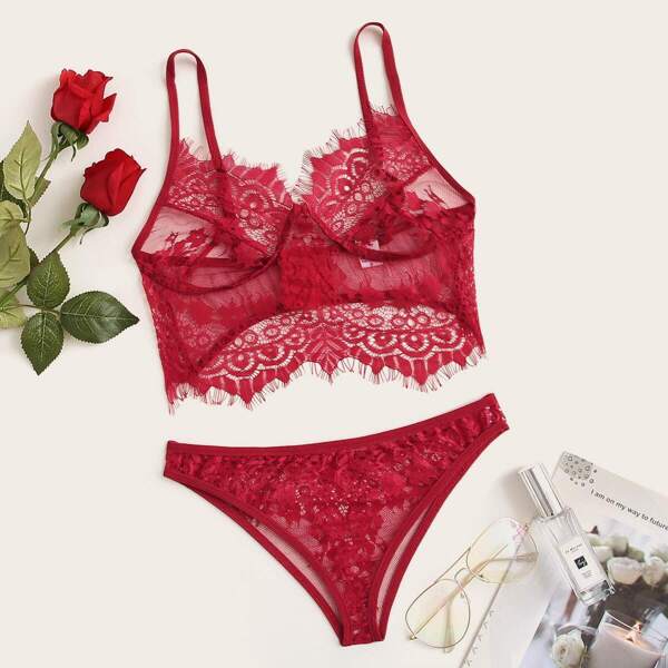 

Eyelash Lace Lingerie Set, Red bright