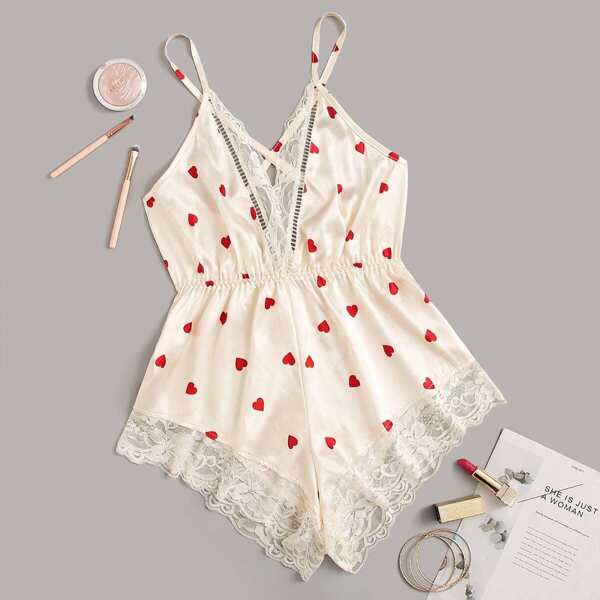 

Heart Print Lace Trim Satin Romper