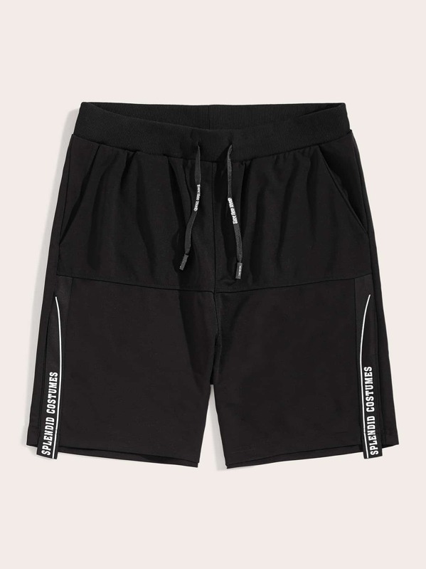 

Men Drawstring Waist Letter Tape Shorts, Black
