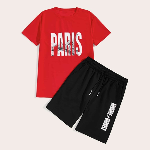 

Men Letter Graphic Tee & Drawstring Waist Shorts, Multicolor