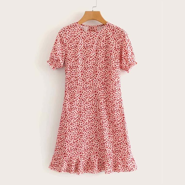 

Ditsy Floral Blouson Sleeve Ruffle Hem Dress, Pink