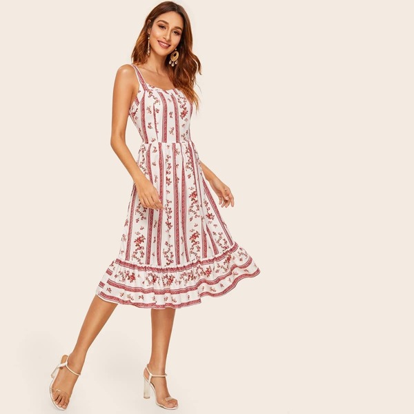 

Ditsy Floral Ruffle Hem Cami Dress, White