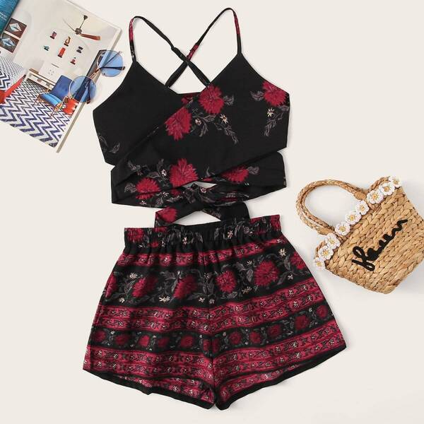 

Floral Print Cross Over Cami Top & Shorts