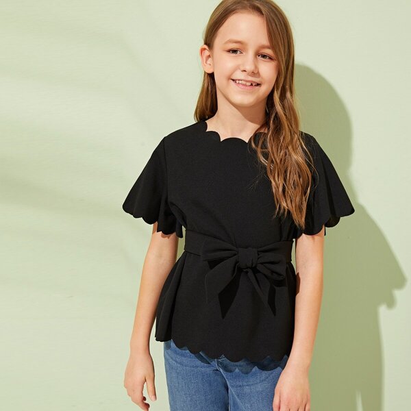 

Girls Scalloped Trim Textured Top With Belt, Black