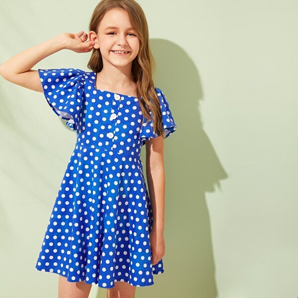 

Girls Flutter Sleeve Button Front Dress, Blue