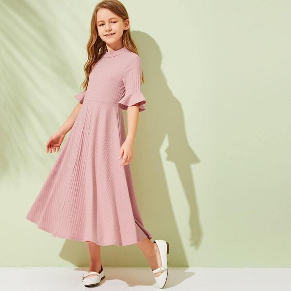 

Girls Flounce Sleeve Rib-knit Fit & Flare Dress, Pink pastel