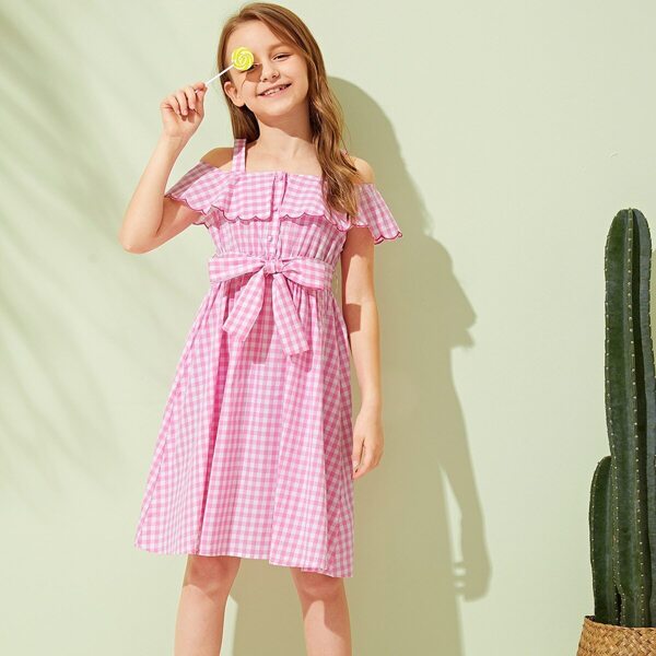 

Girls Cold Shoulder Ruffle Trim Gingham Belted Dress