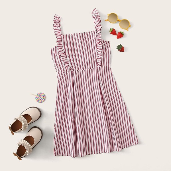 

Girls Ruffle Strap Pleated Striped Dress