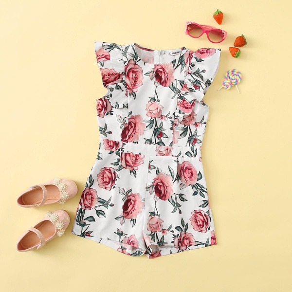 

Girls Floral Print Ruffle Armhole Romper, Multicolor