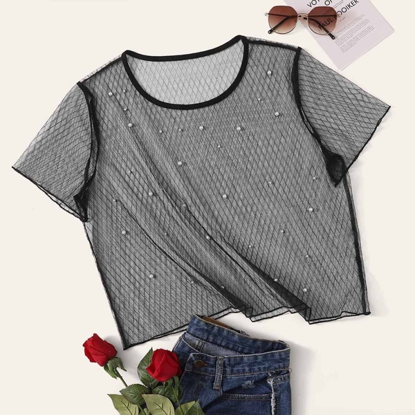 

Plus Pearls Beaded Sheer Mesh Top Without Bra, Black