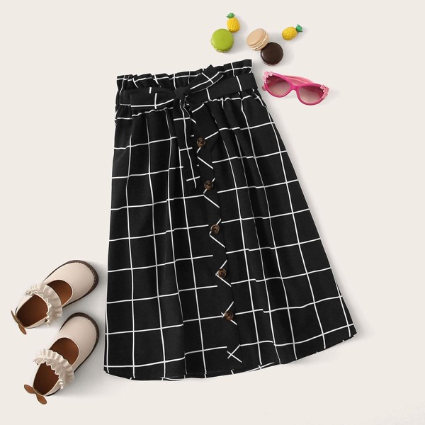 

Girls Paperbag Waist Button Front Grid Skirt, Black
