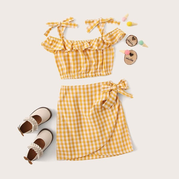 

Girls Gingham Ruffle Trim Knotted Top and Wrap Skirt Set, Yellow