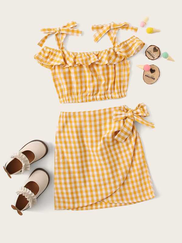 

Girls Gingham Ruffle Trim Knotted Top and Wrap Skirt Set, Yellow