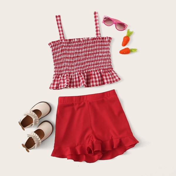 

Girls Gingham Ruffle Hem Shirred Top & Shorts Set