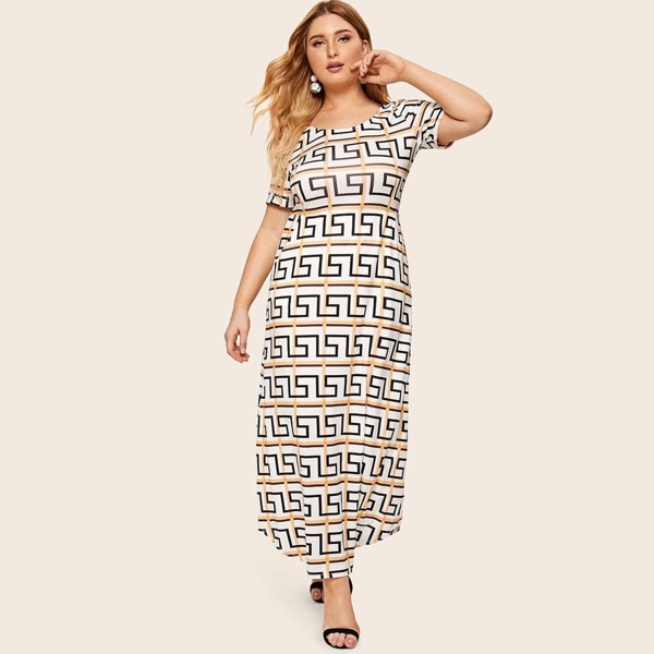 

Plus Greek Fret Print Belted Dress