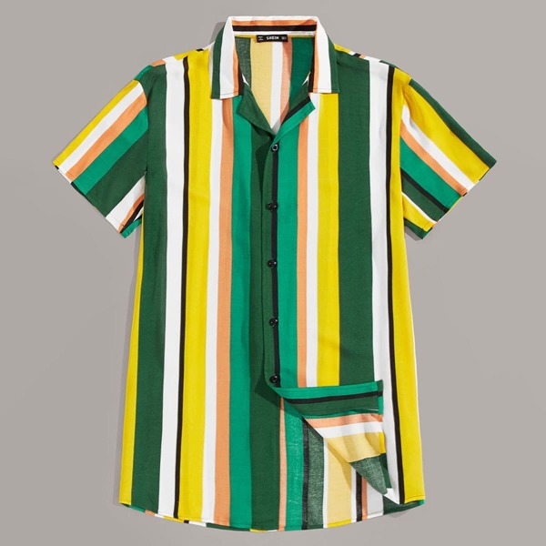 

Men Colorful Striped Curved Hem Shirt, Multicolor