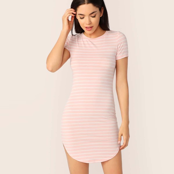 

Curved Hem Striped Bodycon T-shirt Dress