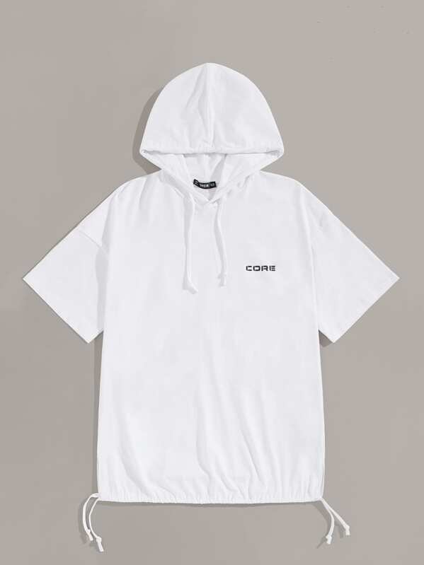 

Men Letter Print Drawstring Waist Hoodie, White