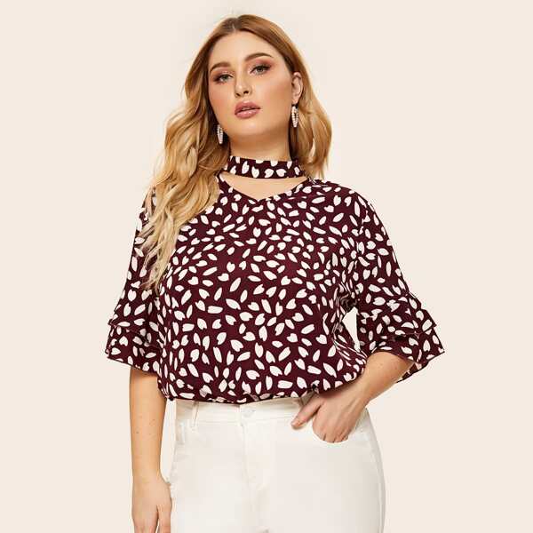 

Plus Confetti Print Choker Neck Layered Cuff Top