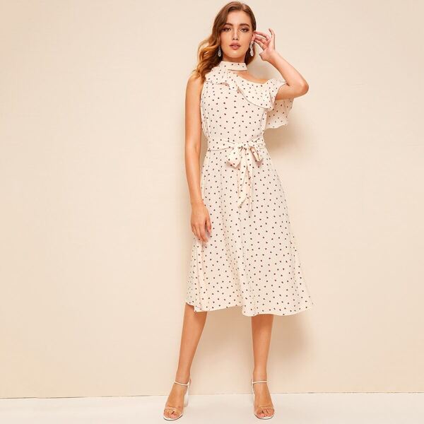

Asymmetrical Neck Ruffle Trim Heart Print Belted Dress, Beige