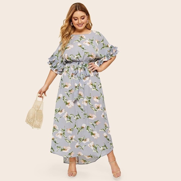 

Plus Floral Print Pleated Cuff Belted Dress, Multicolor