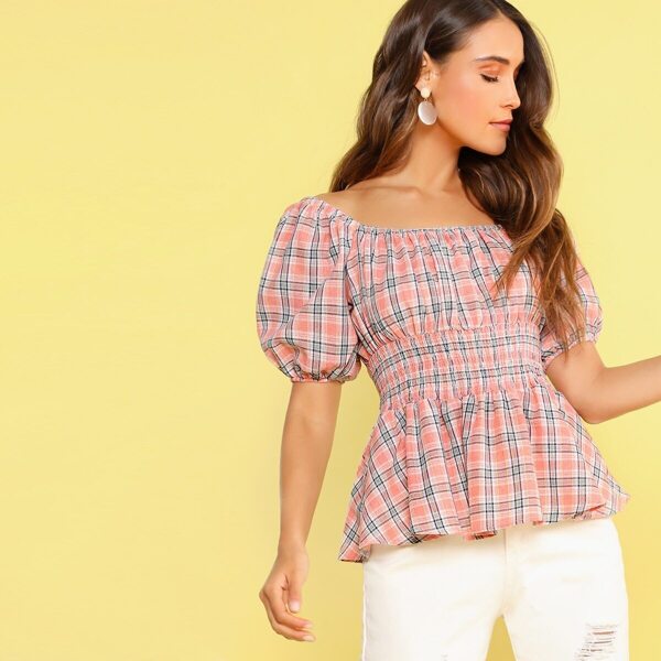 

Plaid Puff Sleeve Shirred Waist Peplum Top
