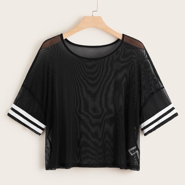 

Plus Drop Shoulder Striped Cuff Sheer Top Without Bra, Black