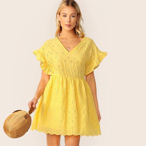 

V-neck Ruffle Cuff Eyelet Embroidery Flare Dress