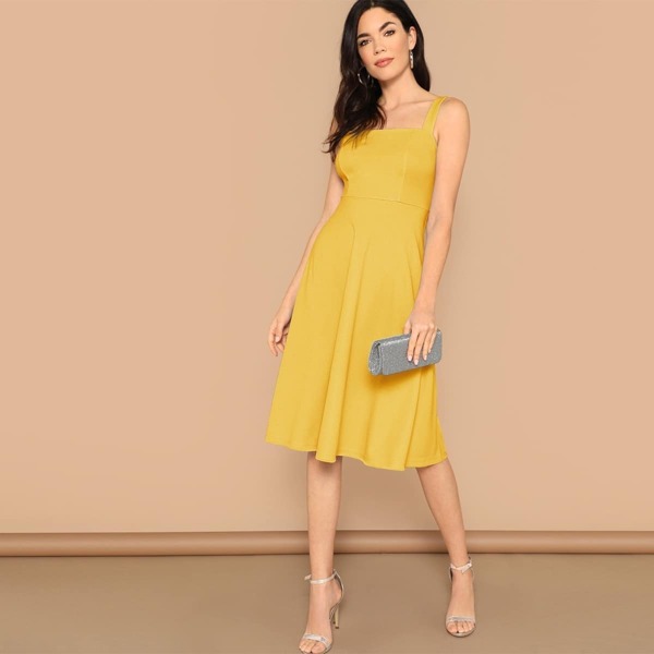 

Solid Zip Back Fit & Flare Dress, Yellow