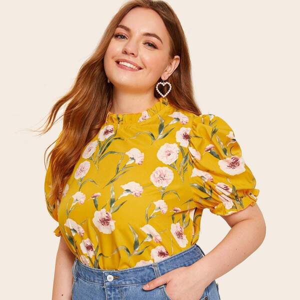 

Plus Floral Print Frill Neck Top, Multicolor